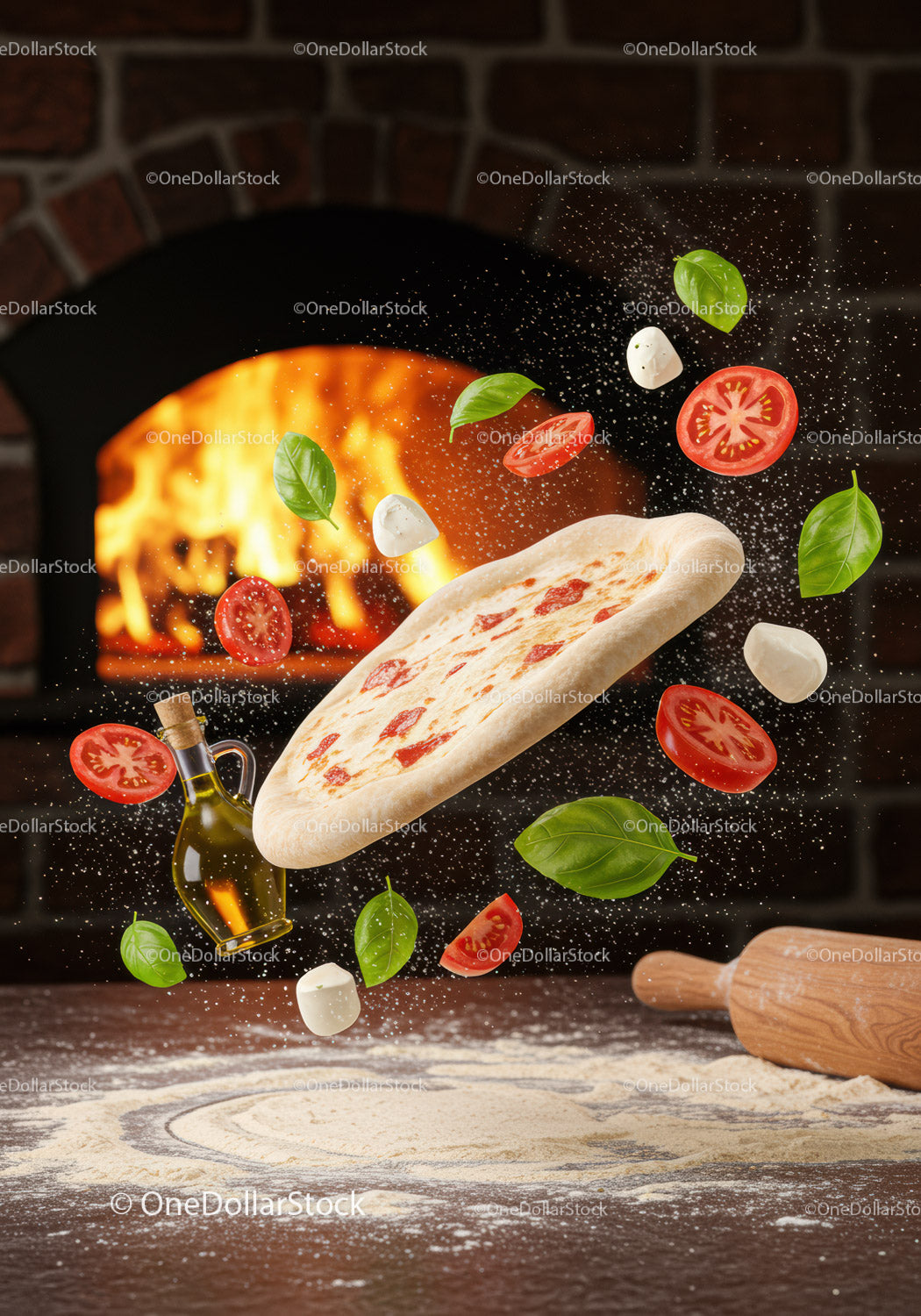 Fresh pizza dough and ingredients flying near wood oven