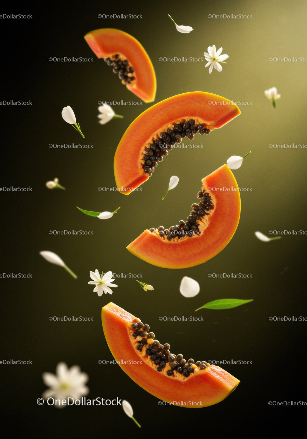 Fresh papaya slices surrounded by delicate white flowers