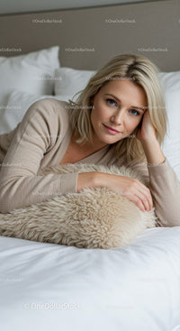 Blonde woman relaxing on bed with cozy pillow