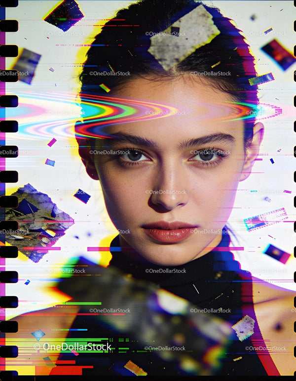 Intensywny portret młodej kobiety z efektami glitch art