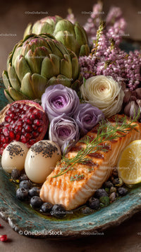 Fresh Salmon with Lavender Roses and Pomegranate on Artistic Plate