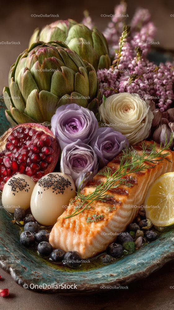 Fresh Salmon with Lavender Roses and Pomegranate on Artistic Plate
