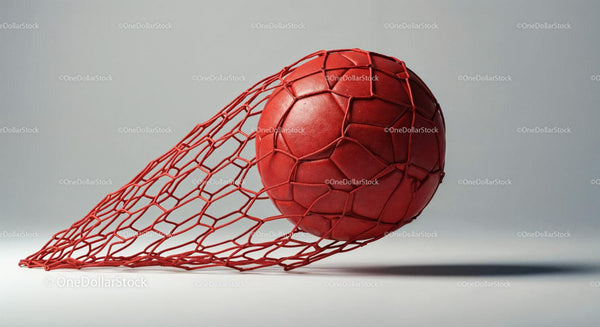 Red Soccer Ball in a Net with Geometric Pattern on a Neutral Background