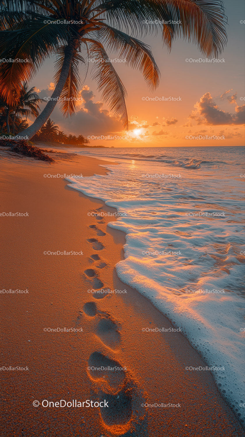 Scenic Tropical Beach Sunset with Palm Trees and Ocean Waves