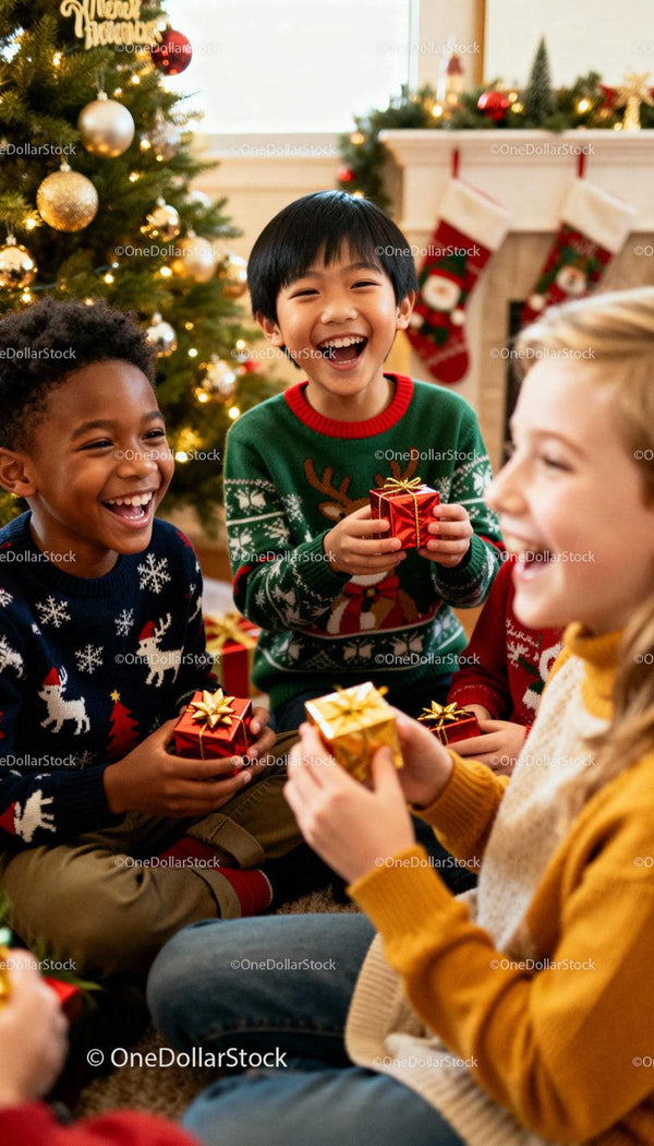 Joyful children exchanging Christmas gifts by tree