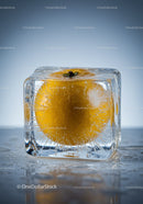 Fresh Orange Encased in Transparent Ice Cube Closeup