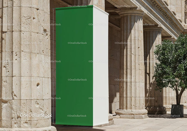 Green and White Banner Hanging on Historic Stone Columns JPG Mockup Image