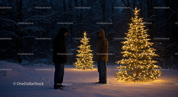 Two People Standing Near Lit Christmas Trees in Snow
