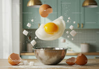 Fresh egg and sugar falling into metal mixing bowl