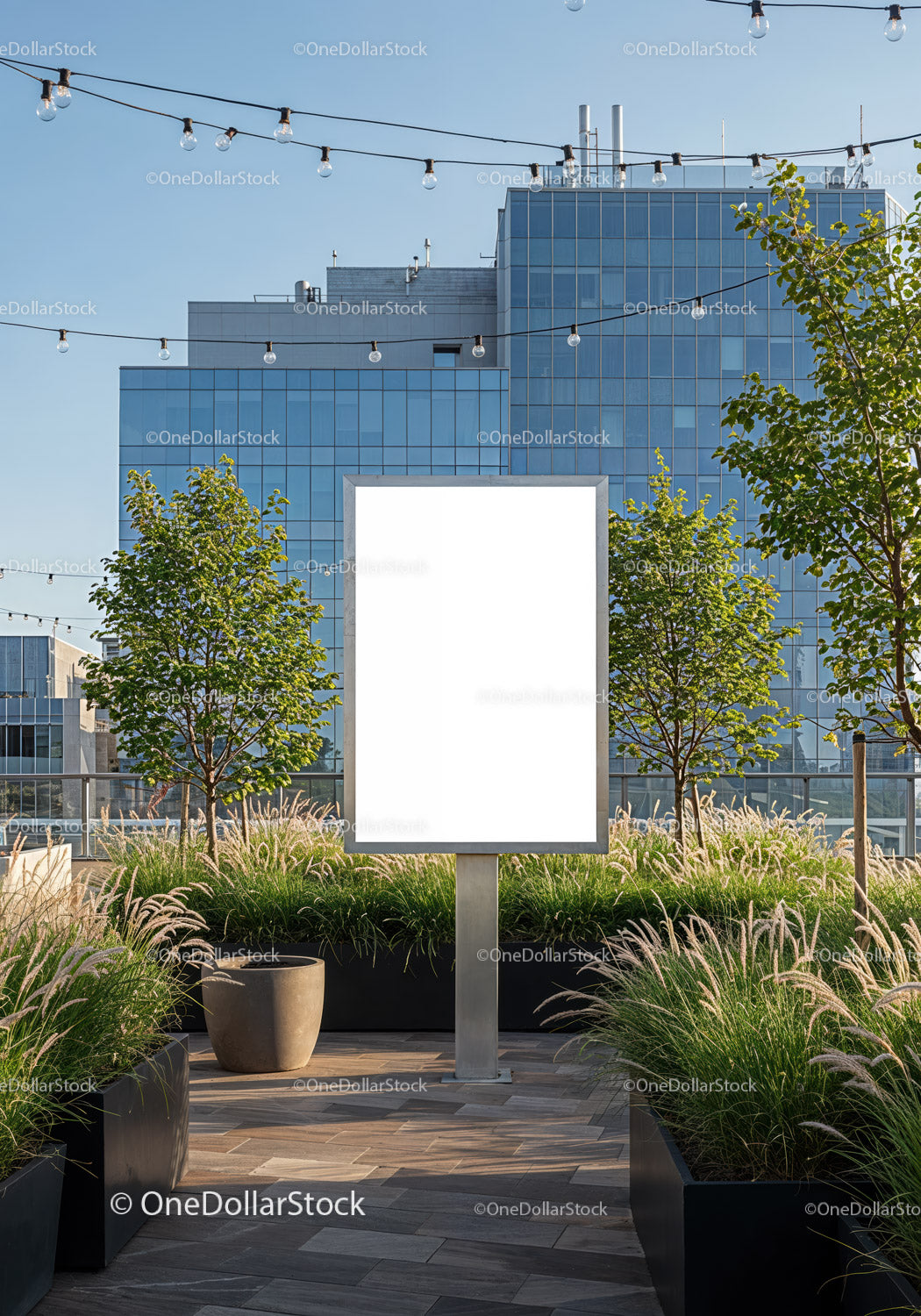 Blank Billboard on Modern Rooftop Terrace with Greenery