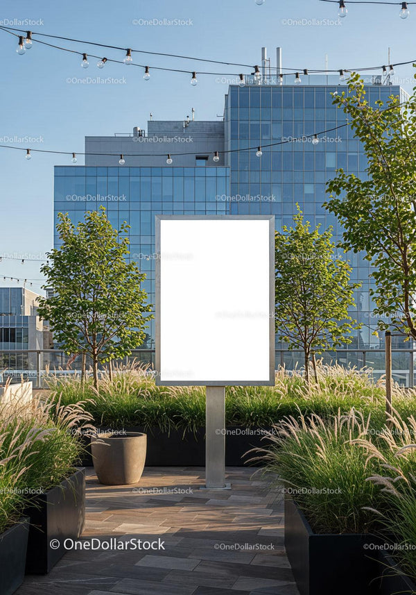 Blank Billboard on Modern Rooftop Terrace with Greenery JPG Mockup Image