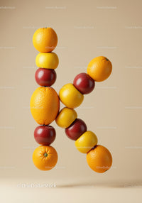 Letter K formed with fresh citrus and apples