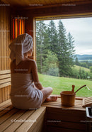 Serene Woman Sitting in Sauna with Nature View and Wooden Interior