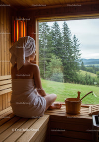 Serene Woman Sitting in Sauna with Nature View and Wooden Interior