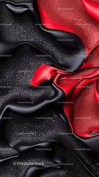 Luxurious Black and Red Abstract Fabric with Water Droplets