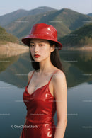 Fashionable Woman in Red Leather Dress by Lake with Mountain Background