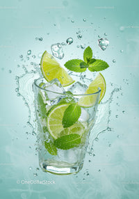 Refreshing lime and mint drink with ice splash