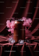 Chilled beverage can with pink smoke and ice cubes