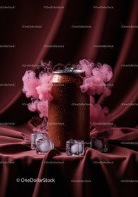 Chilled beverage can with pink smoke and ice cubes