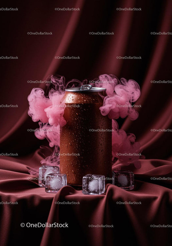 Chilled beverage can with pink smoke and ice cubes