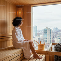 Relaxing Woman Sitting in Sauna with City View in Modern Indoor Space