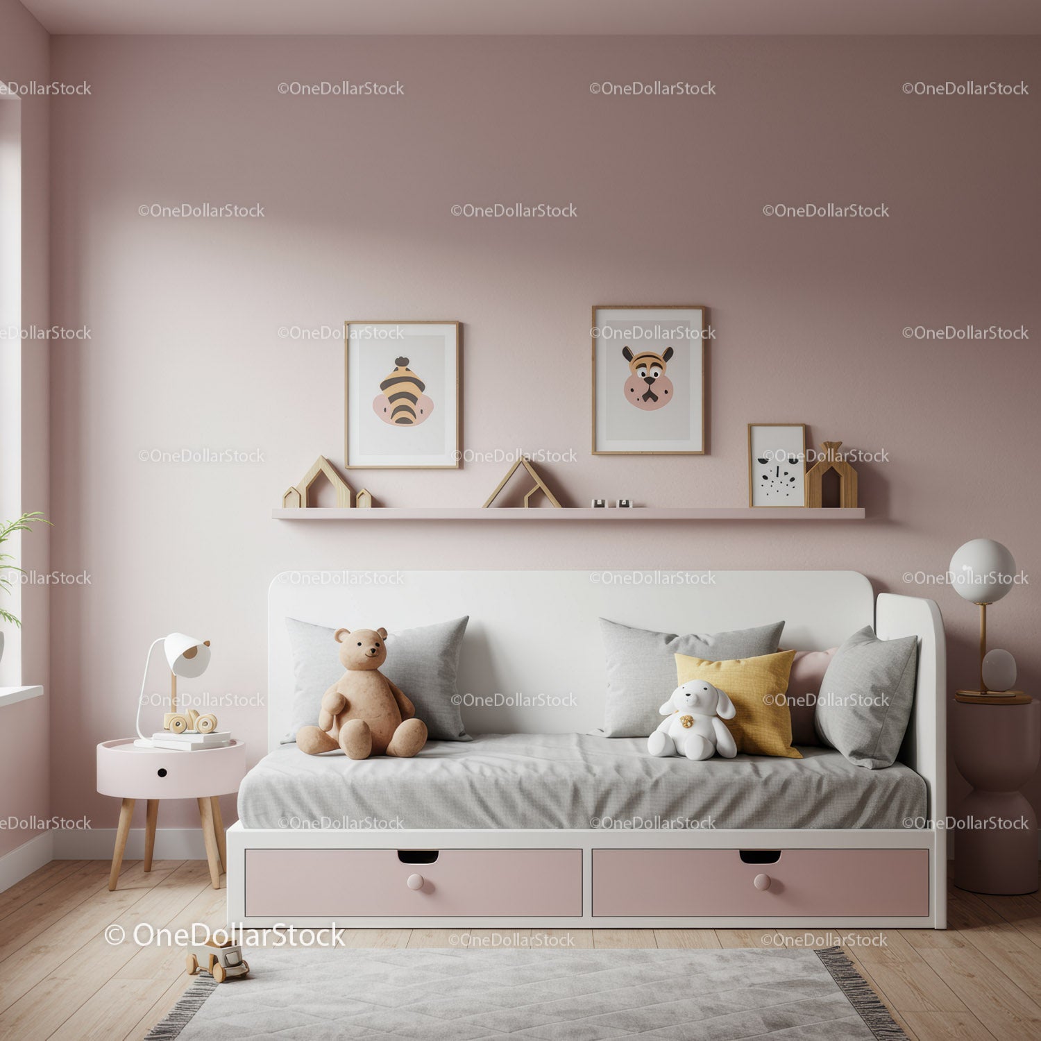 Modern Children Room with Plush Toys and Animal Wall Art