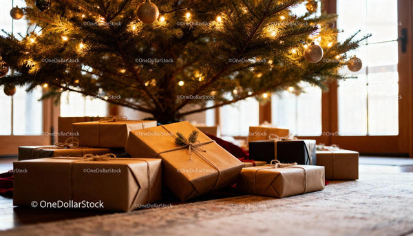 Wrapped Christmas presents under festive decorated tree