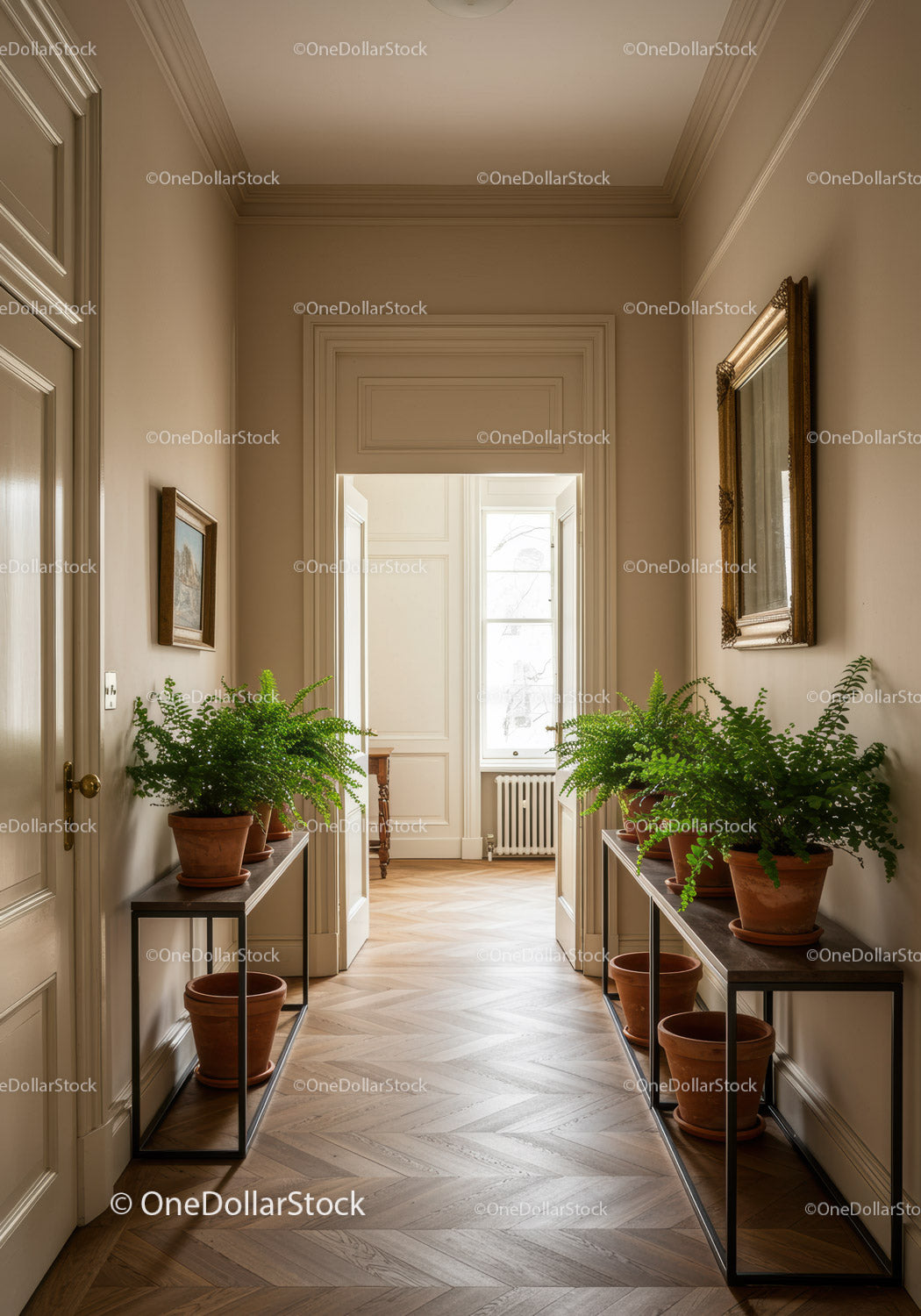 Elegant Classic Interior Hallway with Fern Plants and Parquet Floor