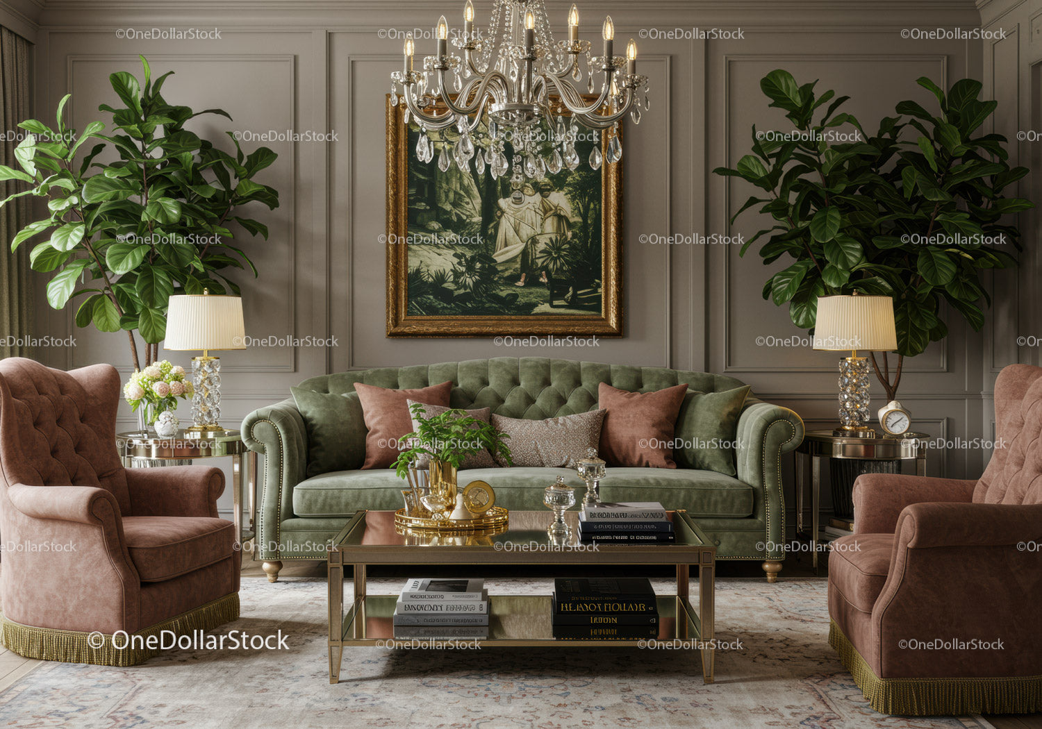 Elegancki salon z aksamitną sofą i fotelami