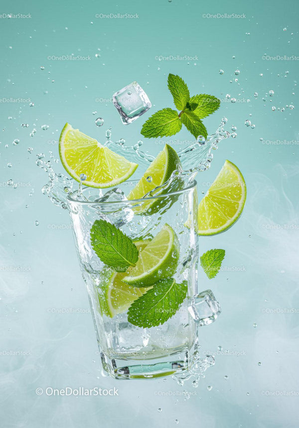 Refreshing lime and mint splash with ice in glass