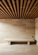 Modern Interior with Beige Stone Walls and Wooden Ceiling Panels