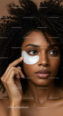 Portrait of an African Woman with Curly Hair Using Eye Mask for Skincare