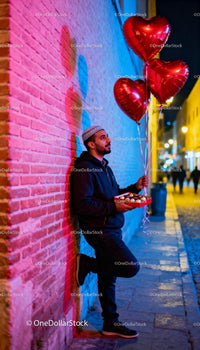 Man holding heart balloons and chocolates on city street