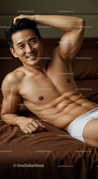 Smiling young man relaxing shirtless on brown bed