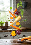 Fresh root vegetables suspended in kitchen air