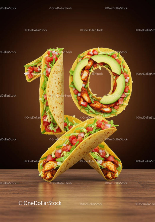 Tacos Arranged as Ten Percent Symbol on Wooden Surface