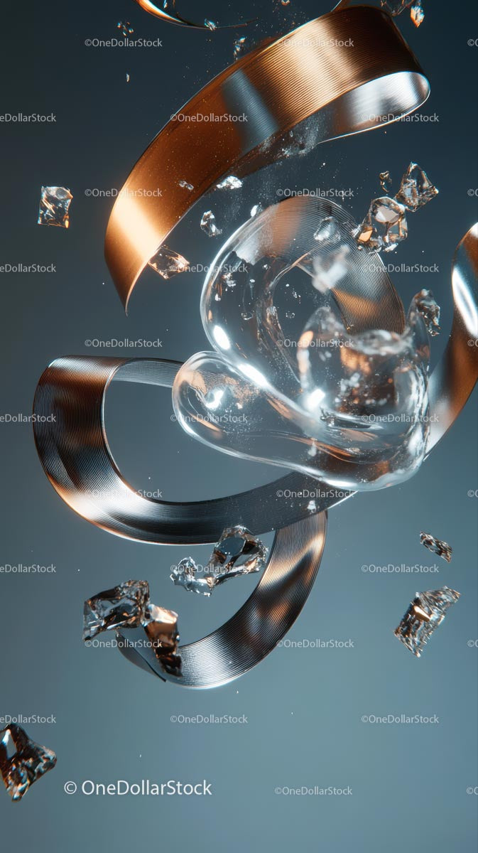 Abstract Copper and Glass Sculpture with Ice Cubes in Motion