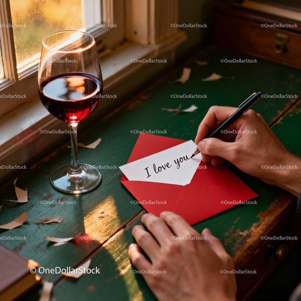 Writing a heartfelt love note with red wine by window