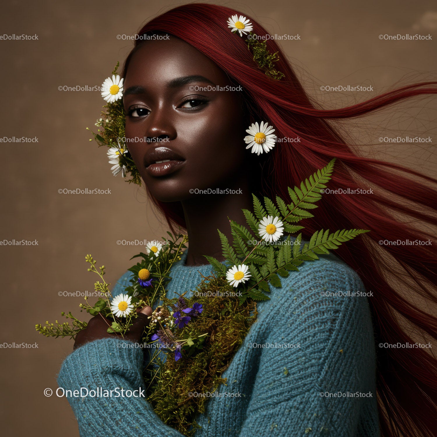 Elegant Portrait of a Woman with Flowing Red Hair and Botanical Accessories