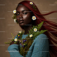 Elegant Portrait of a Woman with Flowing Red Hair and Botanical Accessories