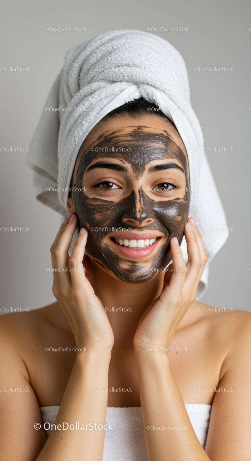 Young Woman Applying Black Charcoal Face Mask with Towel on Head