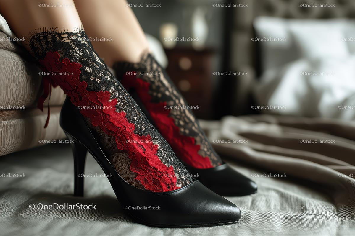 Chic Black Heels and a Red Lace Dress in a Cozy Bedroom Setting