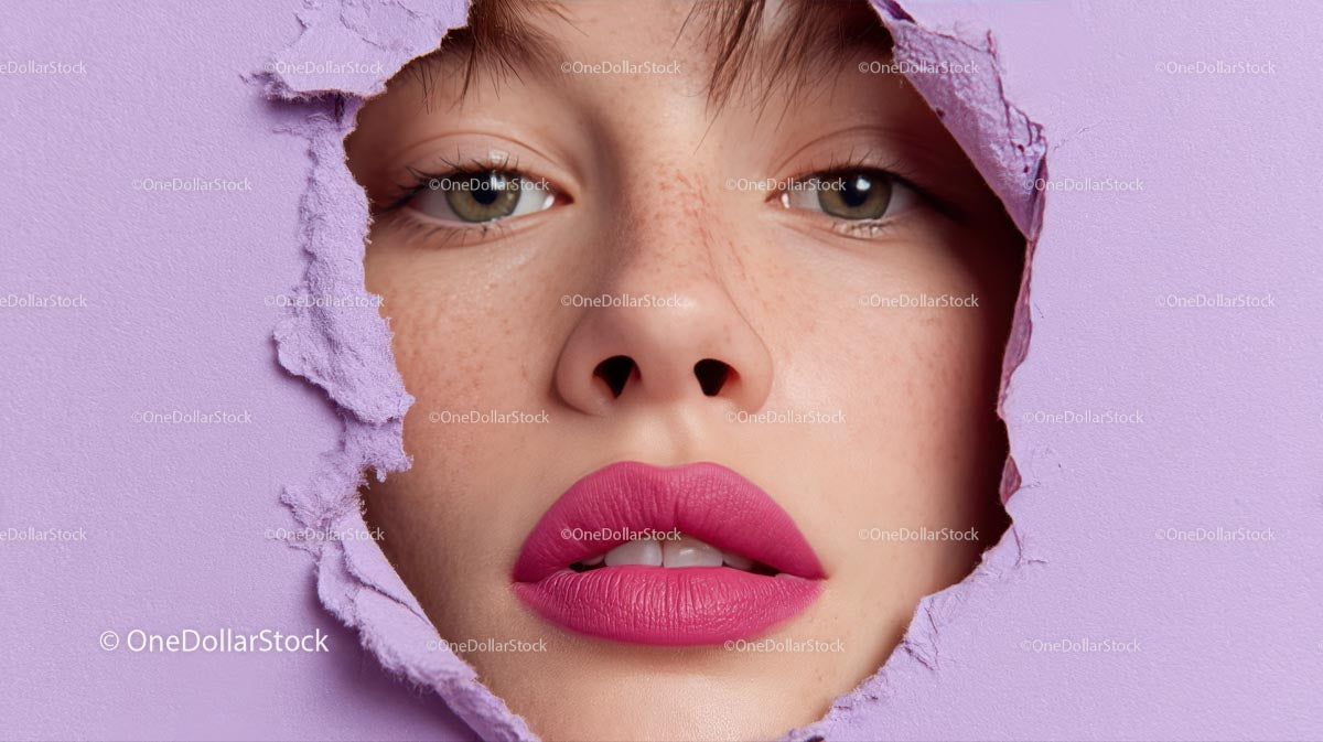 Beautiful Woman with Radiant Pink Lips and Artistic Background