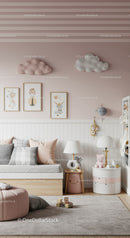 Kids Room with Cloud Wall Decorations and Bunny Art in Soft Pastel Tones