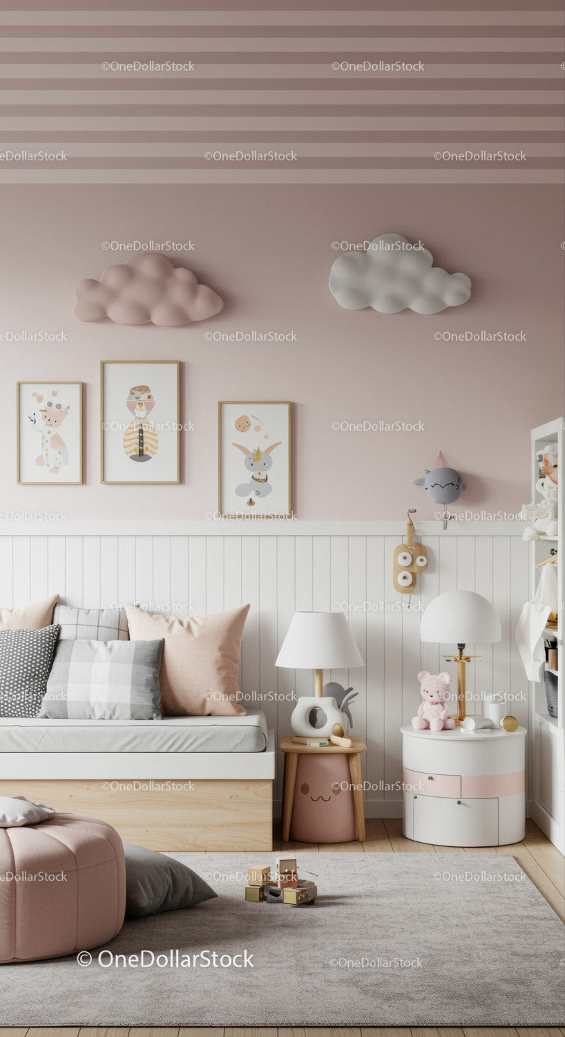 Kids Room with Cloud Wall Decorations and Bunny Art in Soft Pastel Tones