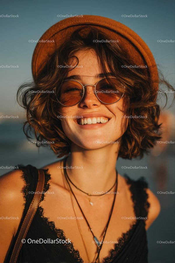 Smiling Woman Wearing Sunglasses and Hat Enjoying Sunset at Beach