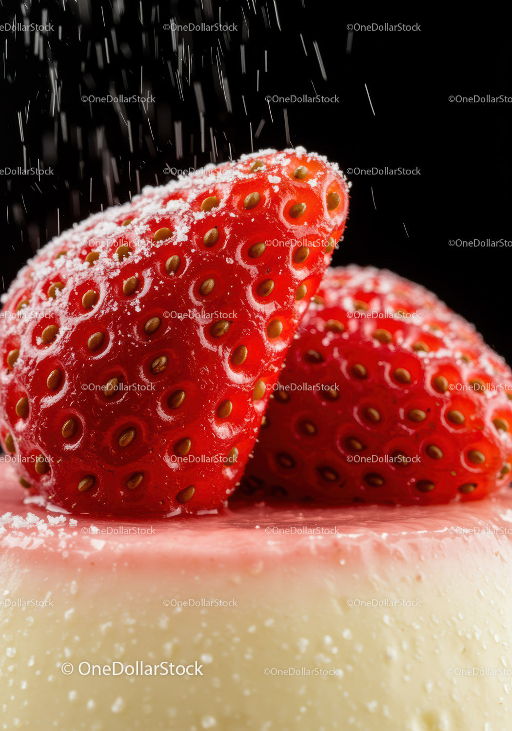 Fresh strawberries dusted with powdered sugar on dessert