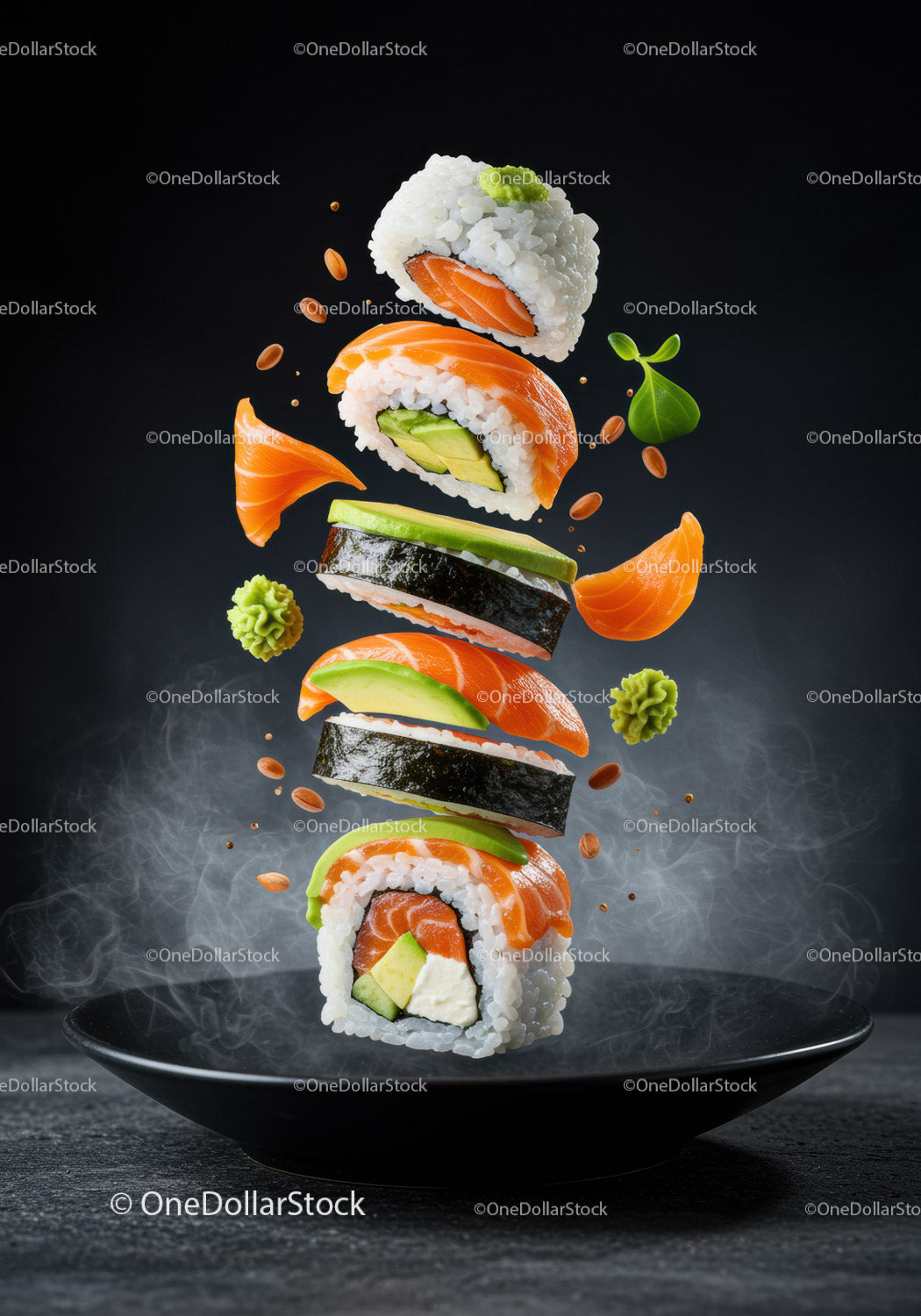 Floating sushi rolls with fresh salmon and avocado