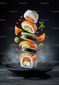 Floating sushi rolls with fresh salmon and avocado