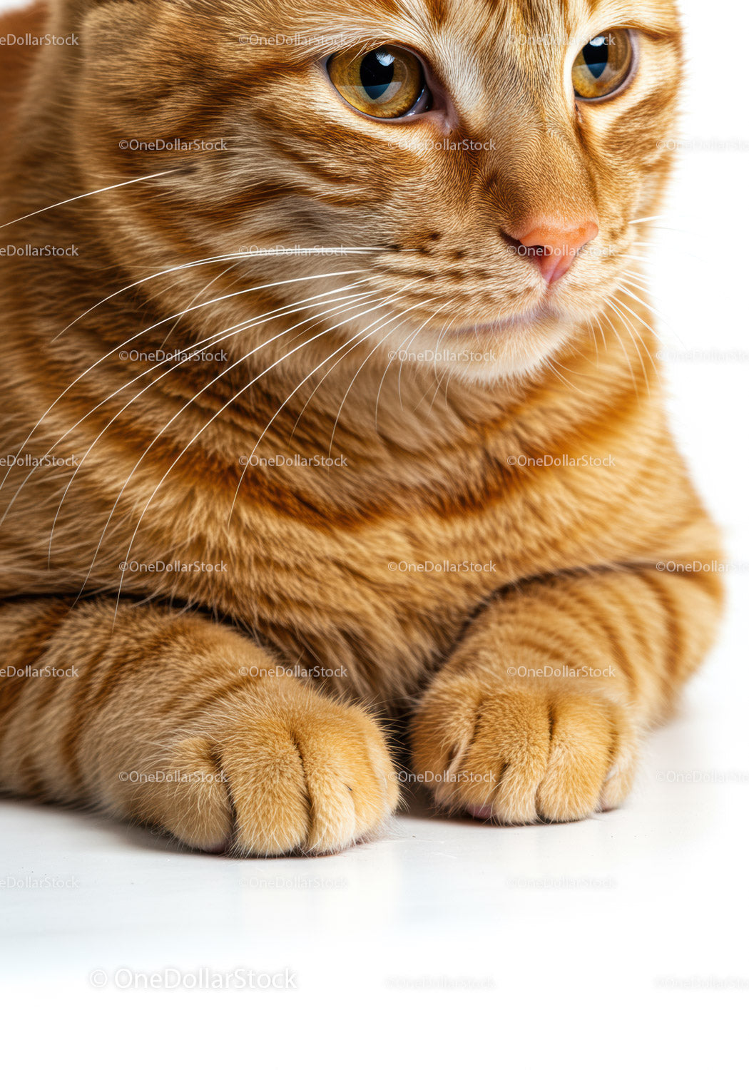Close-up of ginger cat paws and face with intense gaze